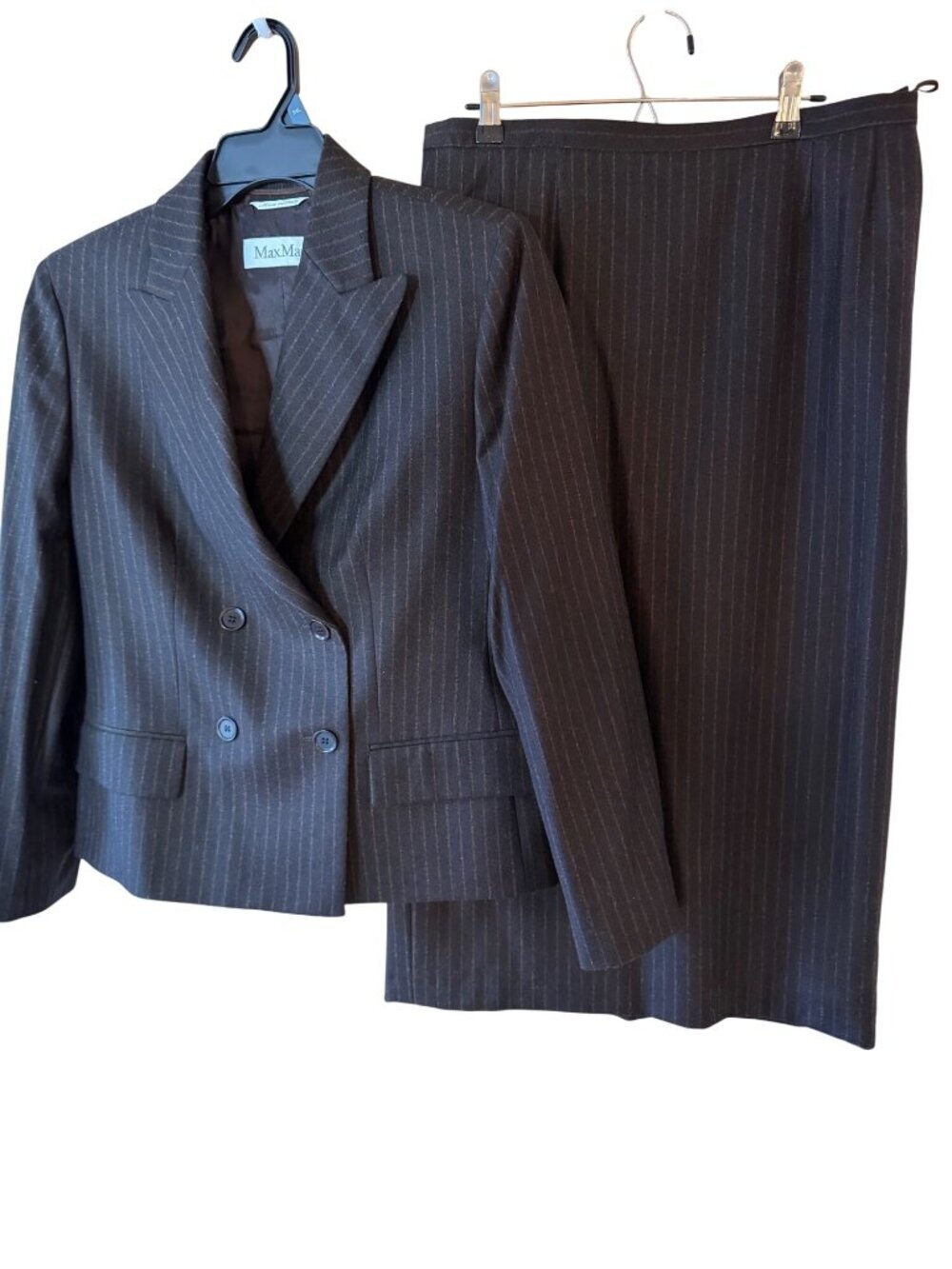 Max Mara Womens Subtle Pin Stripe Skirt Suit Size 14 Brown Fully Lined Vintage